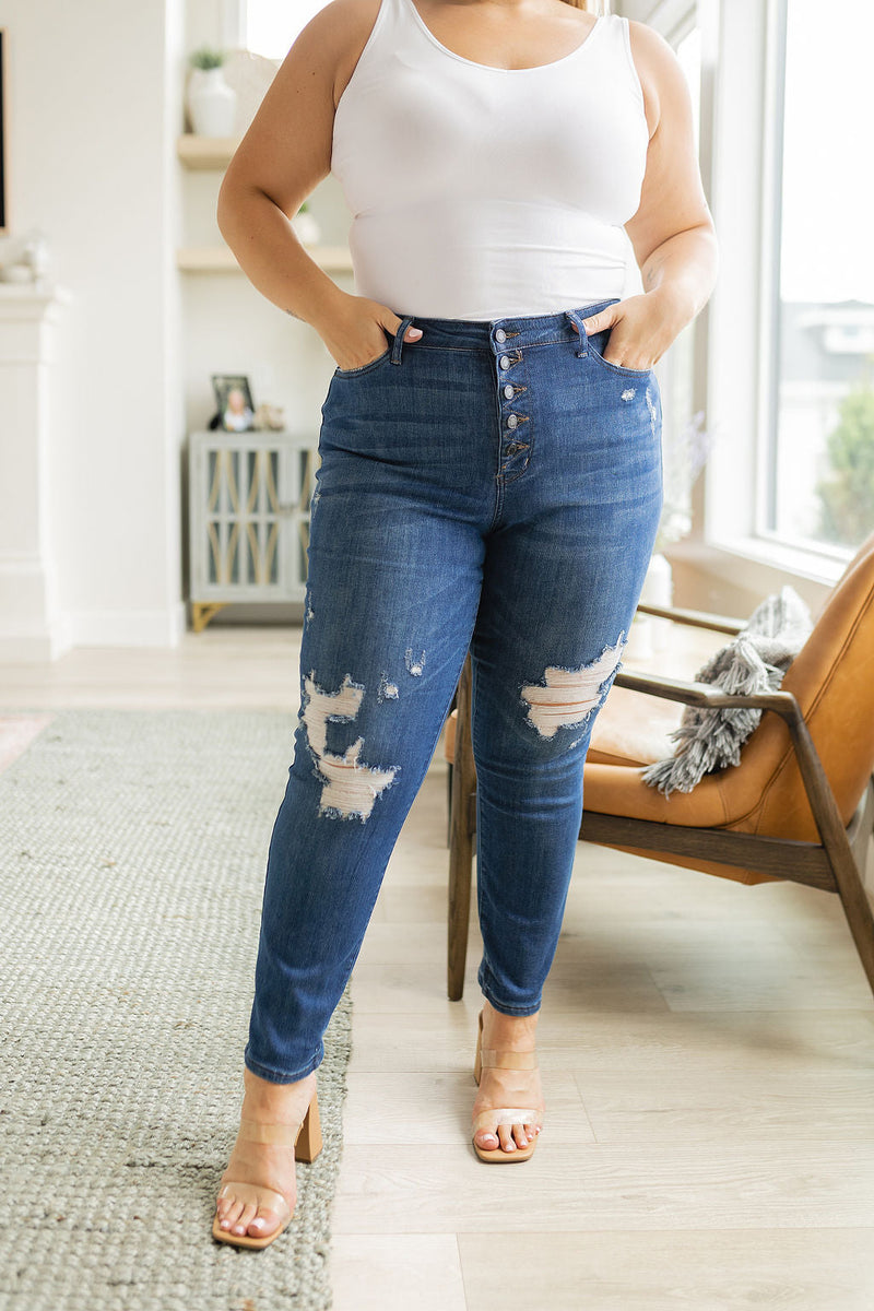 Judy Blue Colt High Rise Button Fly Distressed Boyfriend Jeans