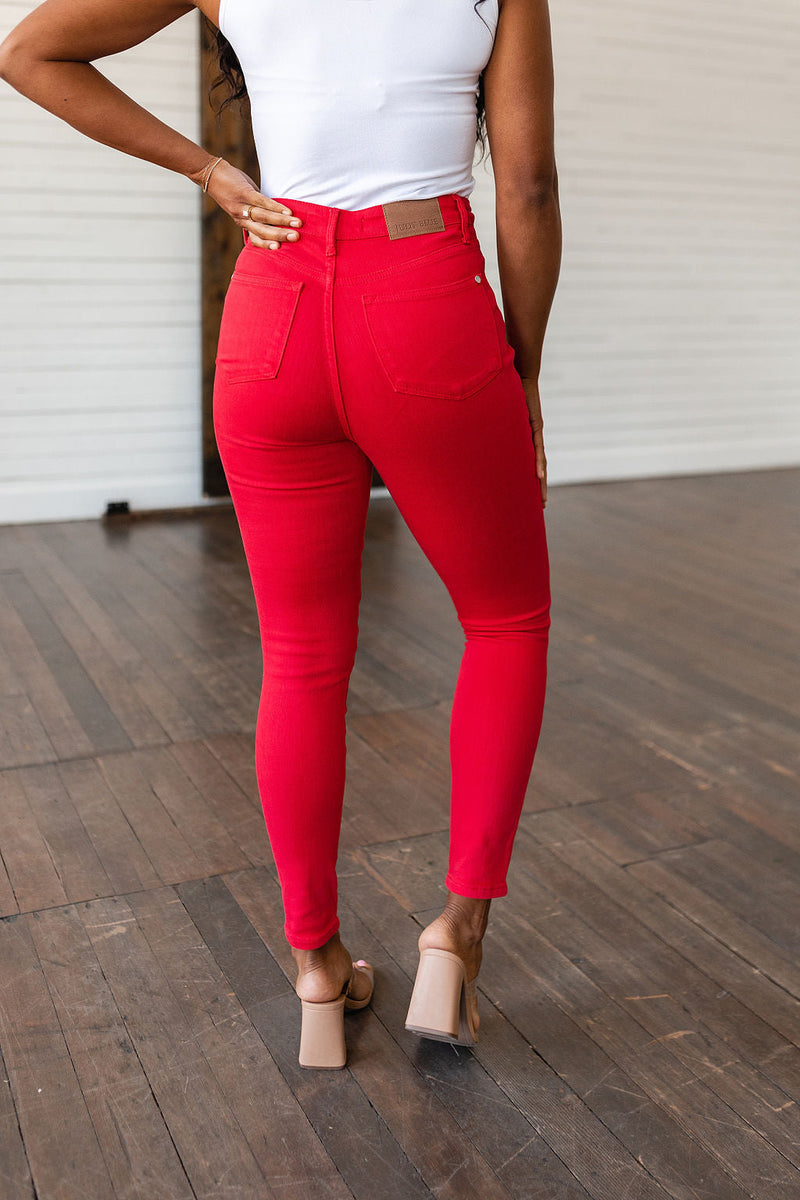 Judy Blue Ruby High Rise Control Top Garment Dyed Skinny Jeans in Red