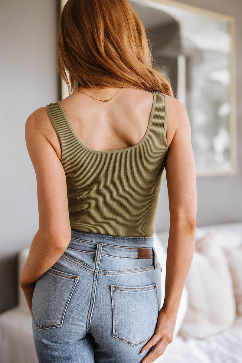 Relevant Ribbed Seamless Reversible Tank in Moss